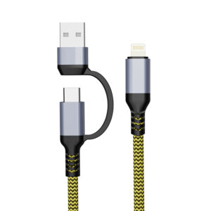 PJ-MC004K(HQ/PM)Factory OEM Nylon Braided Kevlar USBA + Type C To Lighting Cable 2A-3A